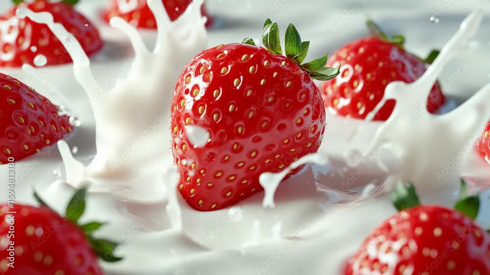 Fresh, ripe strawberries leap into a pool of creamy white milk, creating delightful splashes. The scene captures the essence of summer refreshment and fruity indulgence, all in one moment.