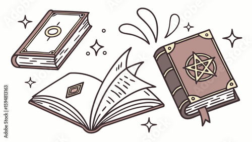 Hand-drawn mystical magic books illustration with pentagram, open spellbook, and ancient symbols. Whimsical fantasy grimoires vector art.