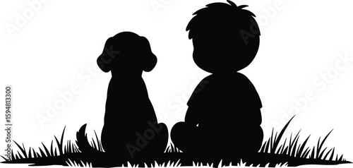 Silhouette of child sitting with dog, best friends in nature, loyal pet companion, peaceful moment, grass field, friendship, love, bond