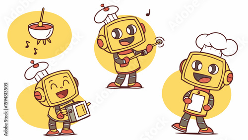 Cheerful yellow chef robots cartoon illustration. Happy culinary bots cooking, playing music with guitar and accordion, and planning recipes. Fun technology characters.