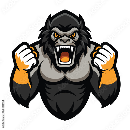 Cartoon Gorilla Mascot with Clenched Fists Bared Teeth and Intense Expression