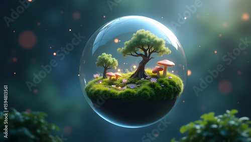 Enchanted Globe of Nature: A miniature world of lush green grass, vibrant mushrooms, and elegant trees encapsulated within a delicate glass sphere.