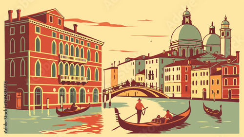 Vibrant Venice Grand Canal illustration with gondolas, historic Italian architecture, and famous domes. Retro vector art European travel poster.