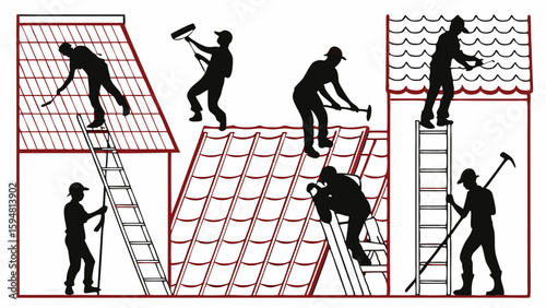 Silhouetted construction workers on ladders repairing, installing, and maintaining tiled and shingled house roofs with various tools. Home improvement.