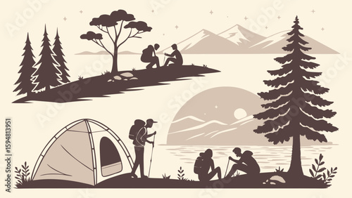 Outdoor Adventure Camping and Hiking Silhouette Vector Illustration. Monochrome Scene with People, Tent, Mountains, Lake, Forest, and Pine Trees