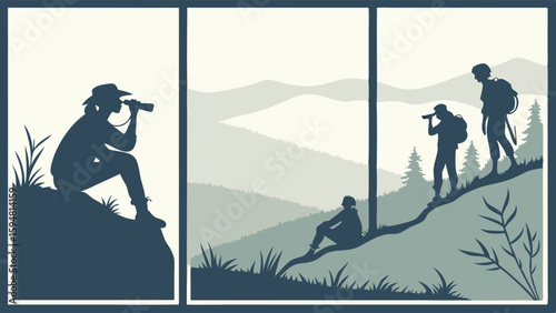 Minimalist silhouette vector art of people hiking and exploring mountains. Trekkers with binoculars enjoy scenic outdoor nature adventure.