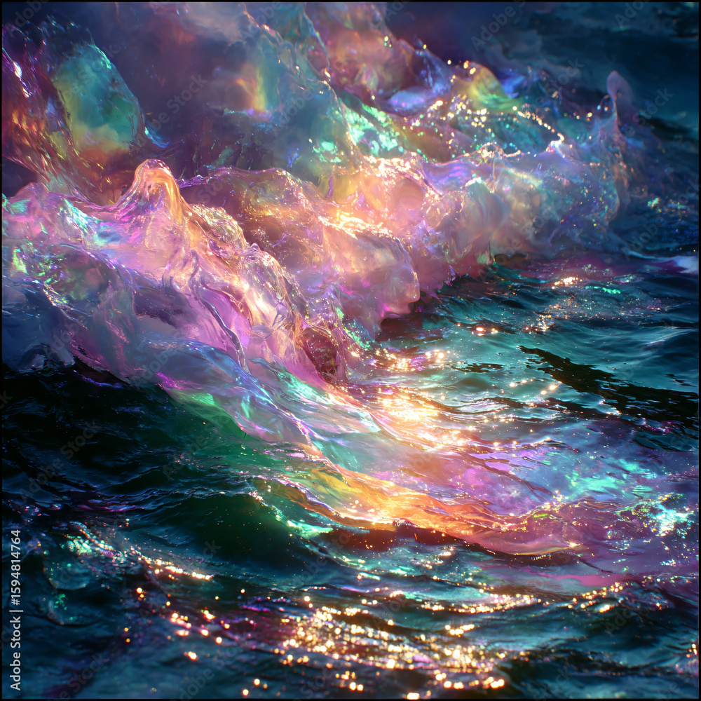 Naklejka premium Colorful Iridescent Water Wave Reflection Vibrant Abstract Ocean Surface Mystical Sea Movement Aquatic Element Visual Art Beautiful Scenic Sunset Blue Tranquil Aesthetic Nature Fluid Environment