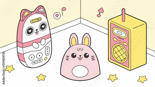 Cute Kawaii Pastel Pink Yellow Animal Tech Gadgets Isometric Room Illustration Adorable Cat Humidifier Bunny Night Light and Retro Speaker Radio Decor