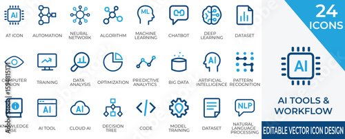 A comprehensive vector icon set featuring AI tools and workflow concepts such as machine learning, neural networks, and data analysis. Perfect for illustrating modern artificial intelligence systems .