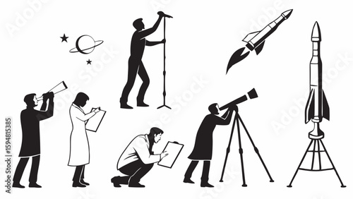 Black and White Vector Illustration Set Featuring Scientists Telescopes Rockets and Planets for Scientific Research and Space Exploration