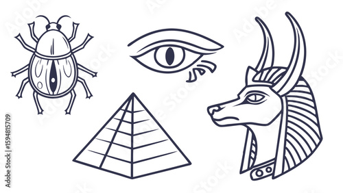 Ancient Egyptian symbols line art set featuring a scarab beetle, Eye of Horus, pyramid, and Anubis deity. Black and white outline vector illustration.