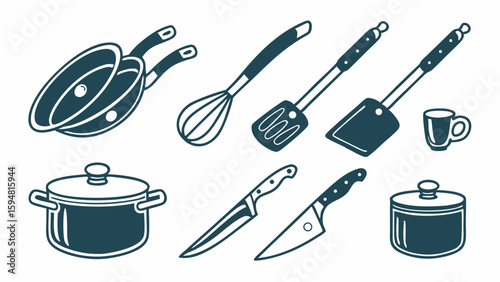 Monochrome vector set of essential kitchen utensils and cookware, including frying pans, pot, knives, spatulas, whisk, mug, and a canister for cooking.