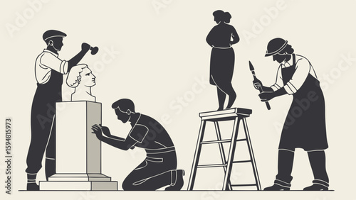 Four male sculptors carving stone statues and busts in an art workshop. Minimalist black and white illustration of artistic craftsmanship and creation.