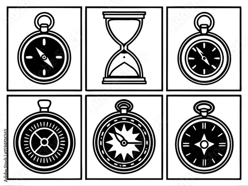 Collection of vintage compass and hourglass icons for navigation and timekeeping