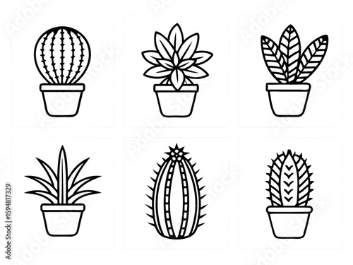 Collection of six different potted cactus and succulent plants outline icons