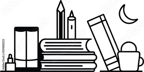Reading Nook Silhouette: A cozy illustration of books, a pencil, candle, and moon, inviting viewers to delve into the realm of reading and creativity.
