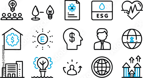 ESG Icons: A collection of sleek, modern icons representing the core principles of Environmental, Social, and Governance, ideal for conveying sustainability, corporate responsibility.