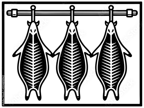 Three stylized fish carcasses hanging from a bar