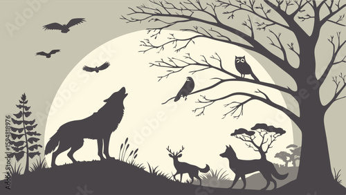 Wilderness night scene silhouette of a howling wolf, deer, fox, owl, and birds under a full moon. Serene forest landscape in monochrome style.