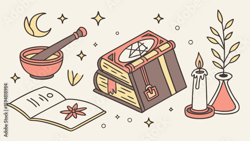 Mystical Witchcraft Occult Fantasy Tools Flat Vector Set. Spellbooks, Mortar, Candle, Herbs, Moon, Flask for Magic and Alchemy Rituals.
