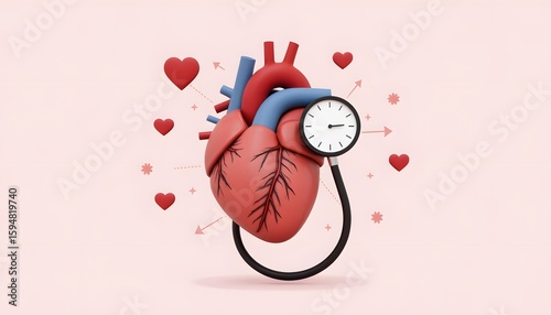 Illustration of a Heart with Blood Pressure Monitor on a Soft Pink Background