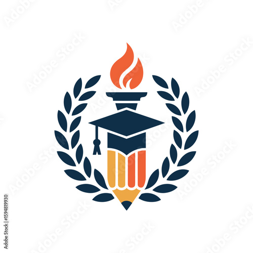 Graduation cap and torch on pencil with laurel wreath symbolizing education and achievement