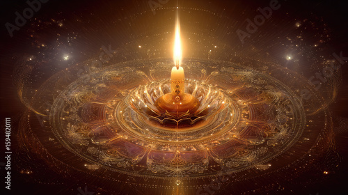 Illuminated candle in a golden decorative arrangement on a dark cosmic background