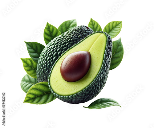 Juicy and vibrant avocado with leaves, combining natural elements.