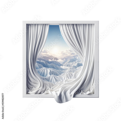 snowy mountains blending with flowing white curtains a window.