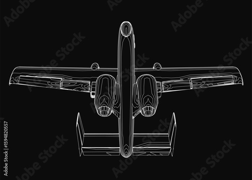 A detailed black and white combat aircraft drawing stands out against a stark black background. The contour of the airplane features clearly defined wings, a pointed nose, and visible engines.