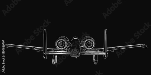 A detailed black and white combat aircraft drawing with clearly defined wings, tail, and engines. The stark white contour contrasts sharply against the black background, emphasizing its sleek design.
