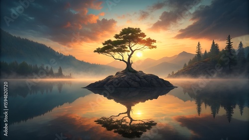 Lone tree on island at sunrise reflected in calm mountain lake
