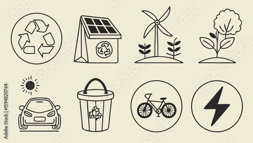 Sustainable living and renewable energy line art icons. Eco-friendly symbols for recycling, solar, wind power, electric vehicles, and environmental protection.