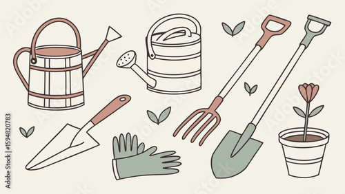 Pastel Outline Illustration Of Essential Gardening Tools Set Watering Cans Shovel Fork Trowel Gloves Potted Plant Simple Spring Garden Equipment