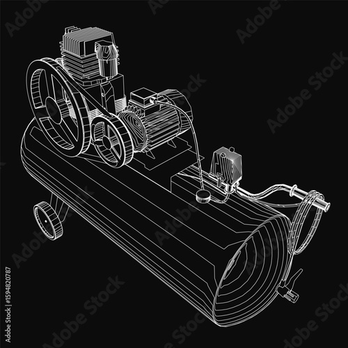 A black and white 3D model of an air compressor with detailed pistons, valves, and mechanical components. The contour drawing features intricate industrial design on a dark background.