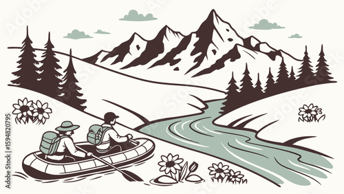 Vintage hand-drawn illustration of two people rafting on a scenic river with majestic mountains, pine trees, and wildflowers. Outdoor adventure landscape.