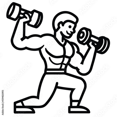 Vector art of muscular man performing dumbbell curls in a lunge position