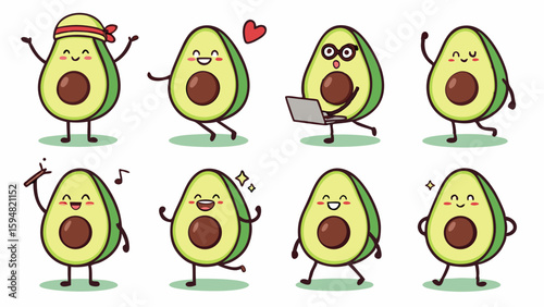 Adorable cartoon happy avocado characters set. Kawaii green fruit mascots smiling, dancing, working, and waving in various poses. Cute vector illustration.