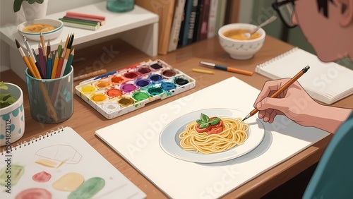 Personnel conducting painting creation with art and painting elements, showcasing artistic creation and painting skills.