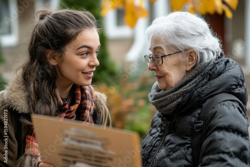 Young door-to-door fundraiser speaking with a senior woman and collecting donations for charity, promoting social responsibility and community outreach, Generative AI