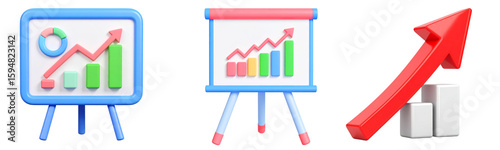 Bar chart growth arrow graph presentation business finance success increase analysis Modern 3D illustration of bar chart upward arrow and presentation board showing financial growth and positive