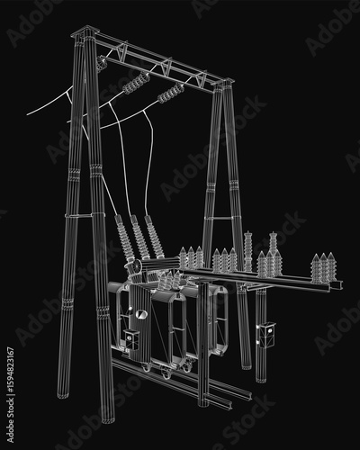A 3D wireframe model of a high voltage substation features intricate details like transformers, wires, and poles. The black background highlights the electrical components with precision.