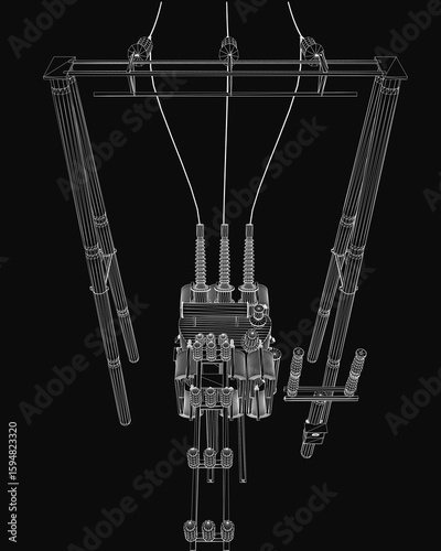 A high voltage transformer 3D model displays intricate electrical components and wiring on a dark background. The detailed blueprint highlights substation elements in wireframe style.