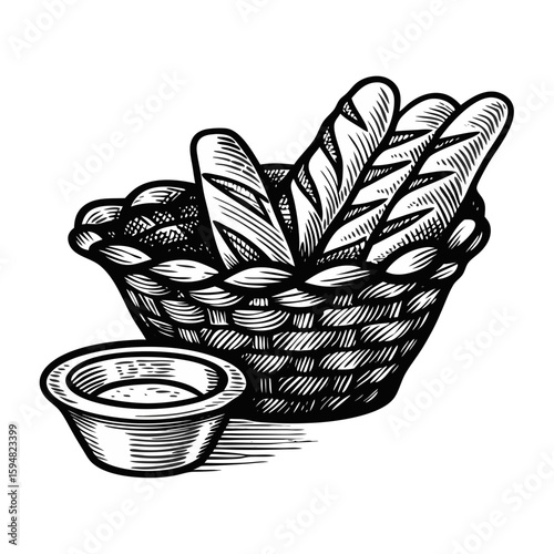 Bread basket with olive oil dip features crusty baguettes and dipping sauce. Bread basket with olive oil dip brings freshly baked bread and tasty dip for appetizer.