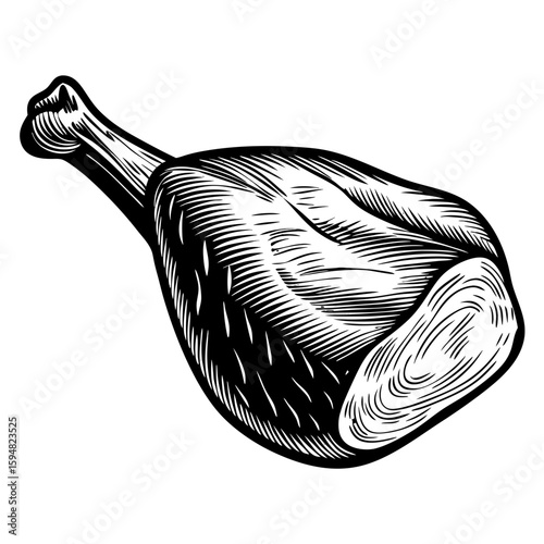 Roast lamb illustration in retro style with engraved meat texture, showcasing cooking detail. Roast lamb ready for a delicious dinner celebration, offering savory flavor.