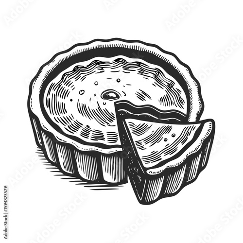 Elegant crema catalana with crust, showcased with a detailed engraving for culinary enthusiasts. This crema catalana with crust features a traditional dessert, with a section cut away,