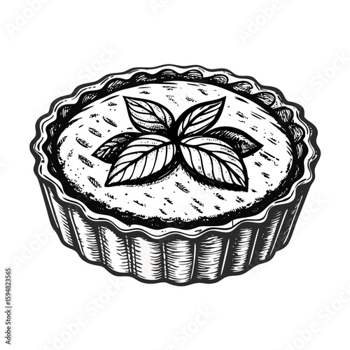 Drawing of crema catalana with crust with basil leaves, displayed in vintage style. Traditional crema catalana with crust, enriched with delicate flavors and perfect for desserts,