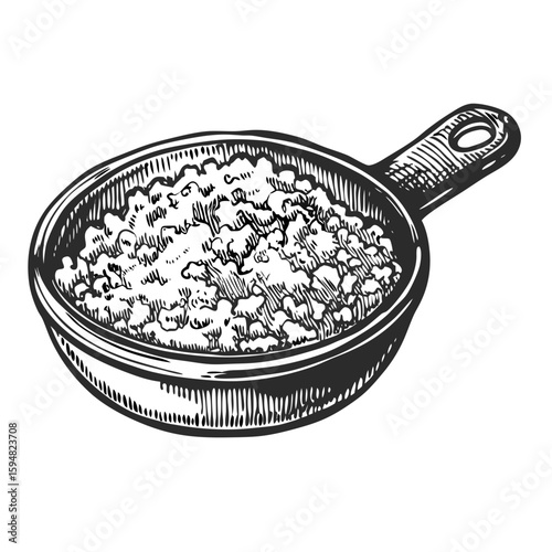 Migas is a traditional dish of fried breadcrumbs with sausage served in skillet. Hearty migas includes fried breadcrumbs with sausage.