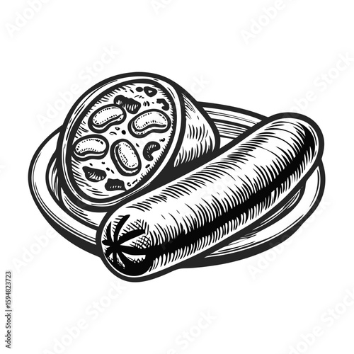 Delicious fried breadcrumbs with sausage on plate, featuring culinary illustration. Fried breadcrumbs with sausage are staple in rustic cuisine.