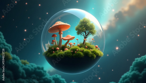 Whimsical World in a Bubble: A dreamy, surreal scene featuring a miniature mushroom world encased within a crystal-clear bubble, floating in a night sky of cosmic wonder.
